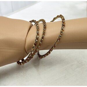 Vintage Gold Tone Bangle Bracelets Lot with Amber Colored Bead Accents Zig-Zag